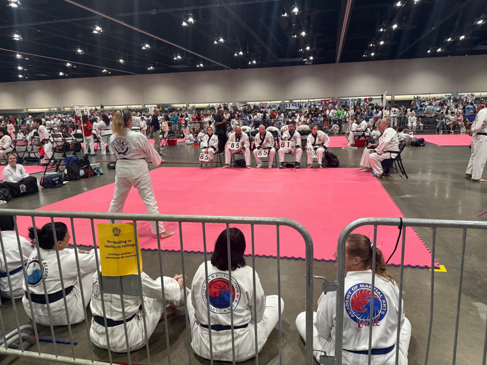 Susie performing in the Weapons division at the World Championships, judges scoring in the background