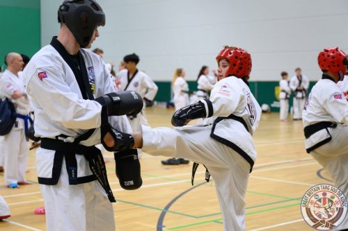 A black belt student sparring with a student wearing red head guard at the club's August 2026 clinic