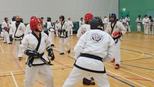 Students sparring in pairs across the hall at the club's August 2026 clinic