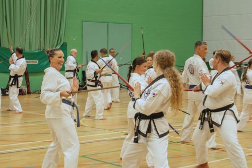 Students laughing while practising bo staff blocking drills in pairs at the August 2026 GBTSDA clinic